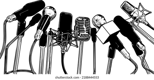 Silhouette Of The Press Conference Microphones, Sketch Drawing Of Set Microphones Journalism Concept