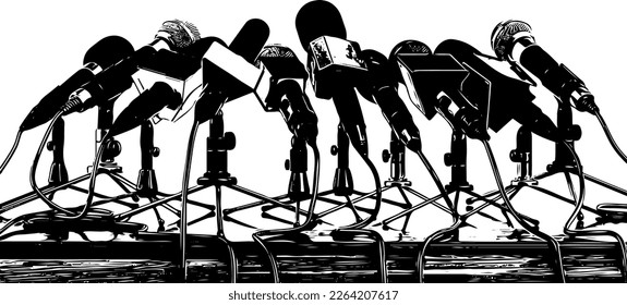 silhouette of press mic in row, sketch drawing of professional microphones in a row on white background, drawing emblem press conference
