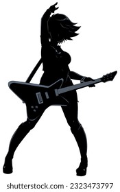 Silhouette of pretty female guitarist isolated on white background.