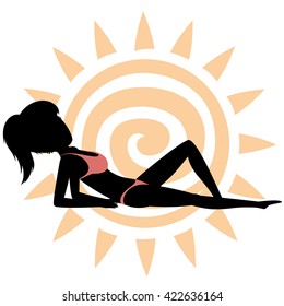 Silhouette of a pretty girl is sunbathing (in red swimsuit with a sun ornament in background)