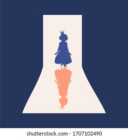Silhouette of pretty little girl wearing dress and crown comes into the house through the open door. Shadows in dark room.