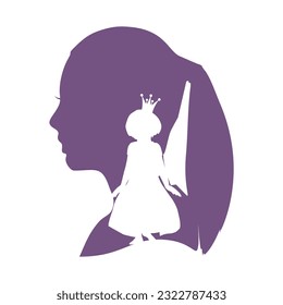 Silhouette of pretty little girl wearing dress and crown with silhouette of woman head. Mental age concept