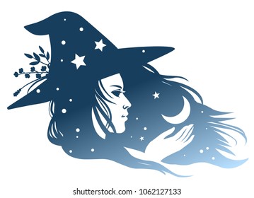 Silhouette of a pretty witch with a flowing hair and a moon in her hand. Vector hand drawn illustration