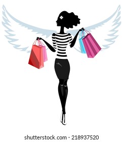 Silhouette of a Pretty Young Woman Angel with the Purchase.  Young Woman with Angel Wings, Wearing Shoes, Beads and Glamorous Women's Handbag .Vector. Illustration