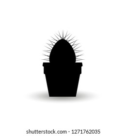 Silhouette of a prickly cactus plant in a flower pot. Graphic Black Vector Illustration Isolated On White Background.