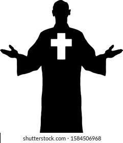 Silhouette of a priest in a robe with a crucifix symbol. Vector illustration.