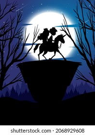 Silhouette prince and princess with full moon background illustration