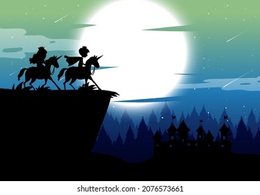 Silhouette prince and princess with full moon background illustration