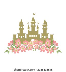 silhouette of a princess castle with watercolor flowers. Birthday invitation. Golden castle with floral vignette, frame with flowers. Illustration. Greeting card design, invitations, baby shower