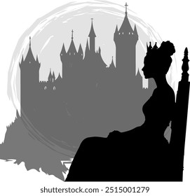 A silhouette of a Princess with a Crown gazing at a Majestic Castle, creating a Mystical and Fairytale-like scene.