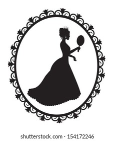 silhouette of a princess crown and a long dress in a patterned frame