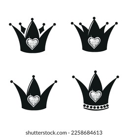 Silhouette of a princess crown with pearls and gems in the shape of a heart. Set of vector black princess jewelry icons on white background.