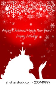 Silhouette of princess girl, blowing snowflakes on a red background. Christmas greeting card. Vector EPS10.