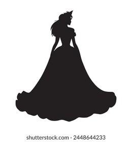 the silhouette of a princess in a long fluffy dress with a crown on her head. Vector illustration.