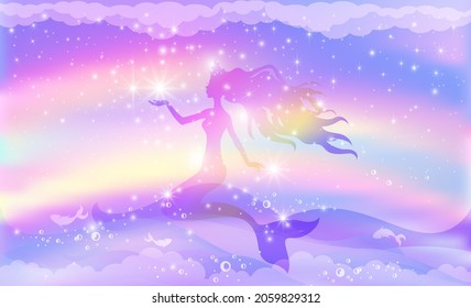 Silhouette of a princess mermaid swimming in the sea against the background of a rainbow sky with stars. Vector illustration.