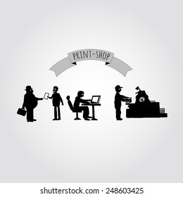 Silhouette Print Shop Workers, Offset Printing And Client