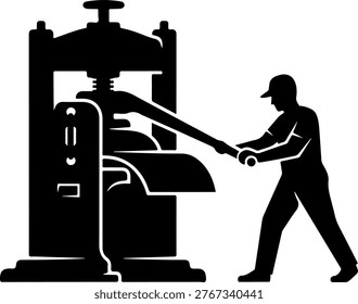 Silhouette of a Printer Operating a Vintage Manual Printing Press Machine for Publishing and Industrial History Concepts
