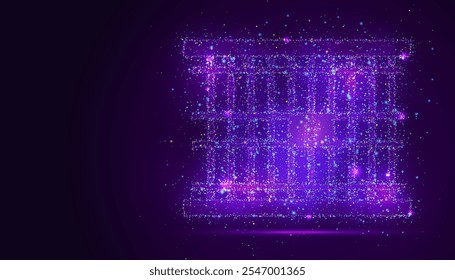 Silhouette of prison bars made of glowing, multicolored dots, resembling stars. The particles symbolize confinement, structure, and the stark contrast between freedom and captivity.