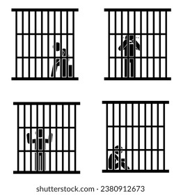 Silhouette of a prisoner in a cage. Vector illustration.