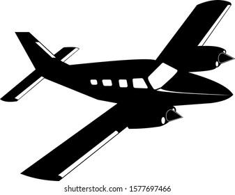 Silhouette of a private twin-engine propeller-driven aircraft. Silhouette of a passenger plane in black on a white background. Vector illustration.