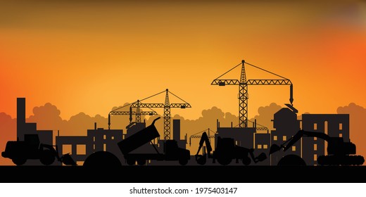 Silhouette of process of construction big building under construction. Building work process with construction machines. Vector illustration.