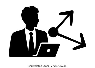 Silhouette der professionellen Analyse des Wachstums und der geschäftlichen Entscheidung mit Laptop und Pfeil
