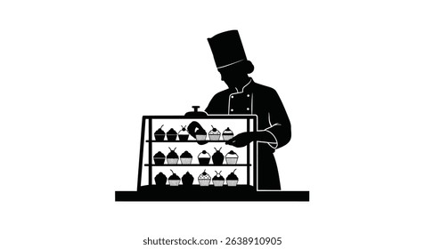 Silhouette: Professional Baker Arranging Cupcakes Display