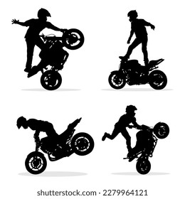 Silhouette de un motociclista profesional realizando maniobras peligrosas en su motocicleta.Ilustración vectorial