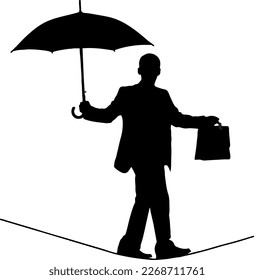 Silhouette of professional business man walking on rope while holding umbrella in his hand