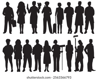 silhouette of professional. Collection of different occupation people group of diverse workers of various professions and specialists standing together.