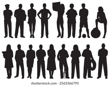 silhouette of professional. Collection of different occupation people group of diverse workers of various professions and specialists standing together.