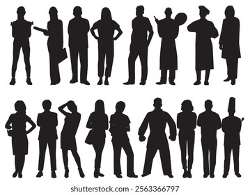 silhouette of professional. Collection of different occupation people group of diverse workers of various professions and specialists standing together.