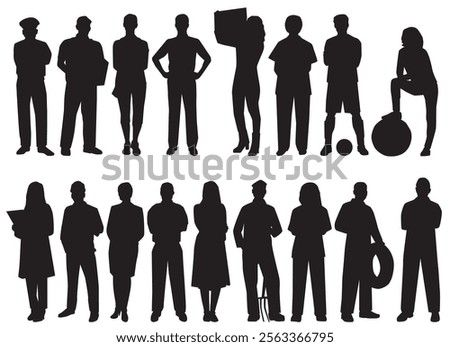 silhouette of professional. Collection of different occupation people group of diverse workers of various professions and specialists standing together.