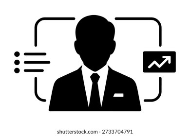 silhouette of professional figure surrounded by key performance indicators, epitomizing business strategy and data-driven success