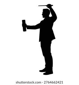 A silhouette of a professional man standing in profile, holding a blueprint tube in one hand and a pen in the other, isolated on a white background.