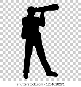 silhouette of professional photographer using DSLR with big long lens at transparent effect background
