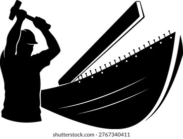 Silhouette of a Professional Shipbuilder or Construction Worker Using a Sledgehammer to Build a Wooden Boat Hull, Manual Labor and Industrial Craftsmanship Concept Illustration