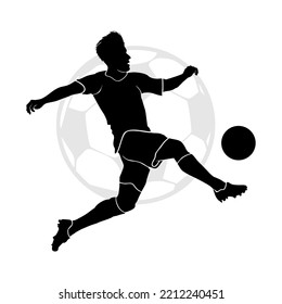 Silhouette of professional soccer player jumping and kicking a ball isolated on white background