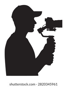 Silhouette of a professional videographer holding a camera stabilizer for smooth video production on white background.