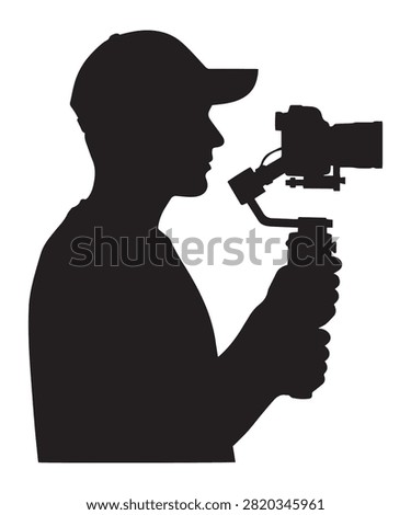 Silhouette of a professional videographer holding a camera stabilizer for smooth video production on white background.