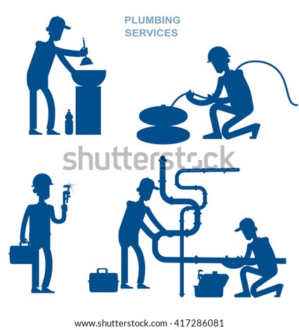 silhouette proffesional plumber men set with repair professional fixing water pipes. Concept banner