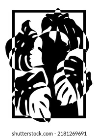 Silhouette profile African woman with monstera tropical leaves. Vector illustration in difference white and black colors. Painting for the interior and print on clothes