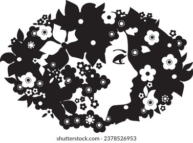 Silhouette of the profile of a beautiful woman against a background of flowers. Black and white illustration of a woman's face against the background of a hairstyle of flowers