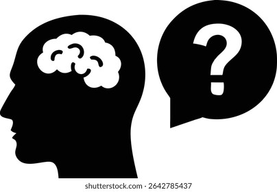 Perfil de silhueta de uma cabeça preta com um cérebro branco e um ponto de interrogação dentro de uma bolha de fala representando pensamentos e perguntas.