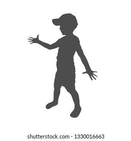 Silhouette in profile of a boy. The child stands, one hand up, the other down. Baseball cap on.
