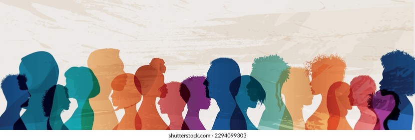 Silhouette-Profil konfrontiert Gruppen von Männern und Frauen der unterschiedlichen Kultur. Die Vielfalt der Menschen. Konzept der Rassengleichheit gegen Rassismus. Soziale Inklusion.Gleichstellung der Geschlechter.Multikulturelle Gesellschaft. Gemeinschaft