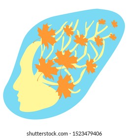 The silhouette of the profile of the face, instead of the head shows a branch with falling withered leaves.