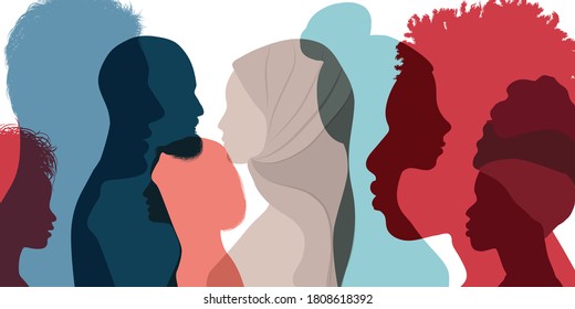 Silhouette Profile Group Of Men And Women Of Diverse Culture. Diversity Multi-ethnic And Multiracial People. Concept Of Racial Equality And Anti-racism. Multicultural Society. Friendship