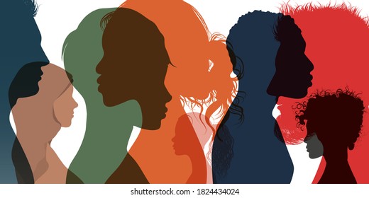 Silhouette Profil Gruppe von Männern Frauen und Mädchen von unterschiedlicher Kultur. Vielfalt multiethnische und multiethnische Menschen. Rassengleichheit und Antirassismus. Multikulturelle Gesellschaft. Freundschaft