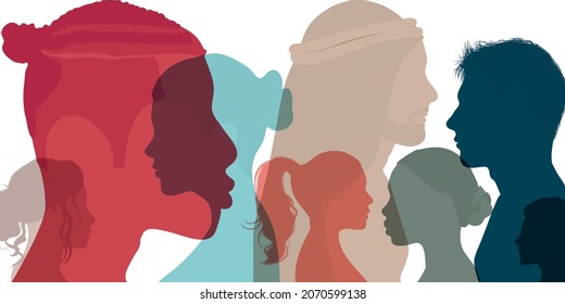 Silhouette Profile Group Of Men And Women Of Diverse Cultures. Concept Of Racial Equality And Anti-racism. Diversity Multi-ethnic People. Multicultural And Multiracial Society. Friendship